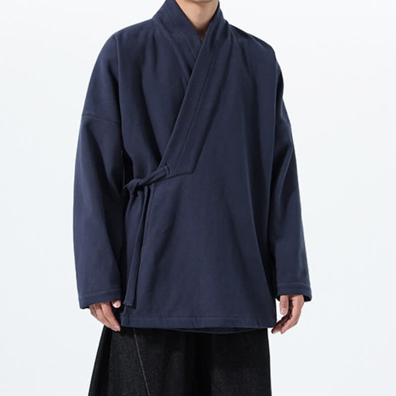 Buddha Stones Fall Winter Tang Style Minimalist Drawstring Solid Thickened Men's Kimono - image 2