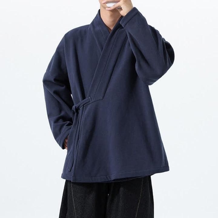 Buddha Stones Fall Winter Tang Style Minimalist Drawstring Solid Thickened Men's Kimono - image 6
