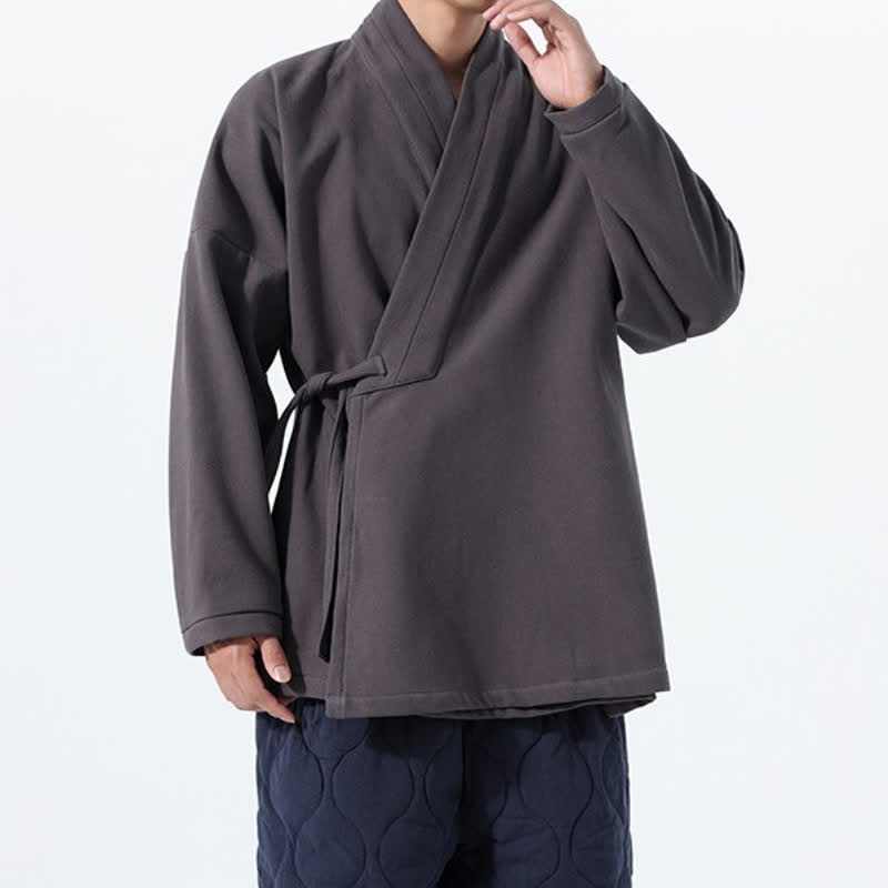 Buddha Stones Fall Winter Tang Style Minimalist Drawstring Solid Thickened Men's Kimono - image 25