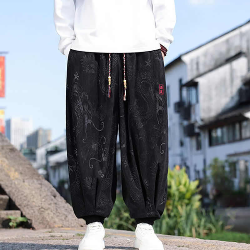 Buddha Stones Spring Fall Casual Vintage Drawstring Dragon Elastic Waist Ankle Pants Corduroy Men's Harem Pants With Pockets - image 1
