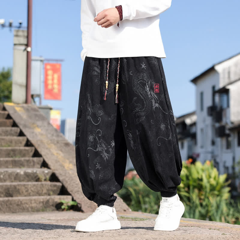 Buddha Stones Spring Fall Casual Vintage Drawstring Dragon Elastic Waist Ankle Pants Corduroy Men's Harem Pants With Pockets - Black - US/UK/AU52，EU62 (8XL) - image 0