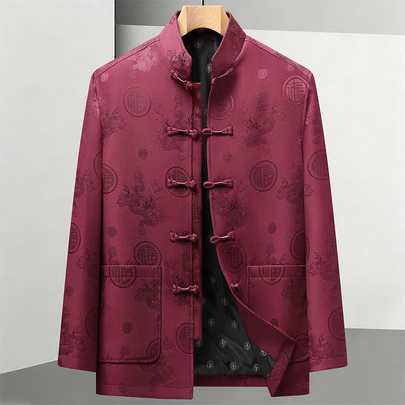 Buddha Stones 2Pcs Fall Winter Tang Style Vintage Mandarin Collar Frog Button Geometric Fu Character Dragon Men's Meditation Cloth With Pockets - Burgundy Jacket - US/UK/AU44，EU54 (4XL) - image 7
