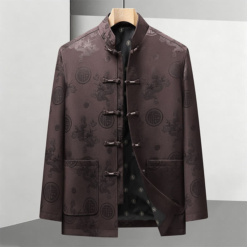 Buddha Stones 2Pcs Fall Winter Tang Style Vintage Mandarin Collar Frog Button Geometric Fu Character Dragon Men's Meditation Cloth With Pockets - Brown Jacket - US/UK/AU44，EU54 (4XL) - image 9