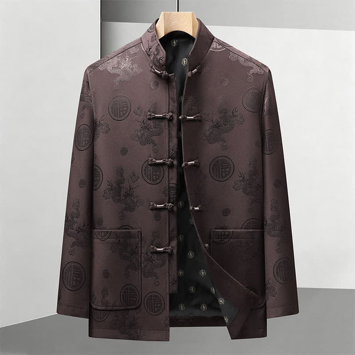 Buddha Stones 2Pcs Fall Winter Tang Style Vintage Mandarin Collar Frog Button Geometric Fu Character Dragon Men's Meditation Cloth With Pockets - Brown Jacket - US/UK/AU44，EU54 (4XL) - image 9