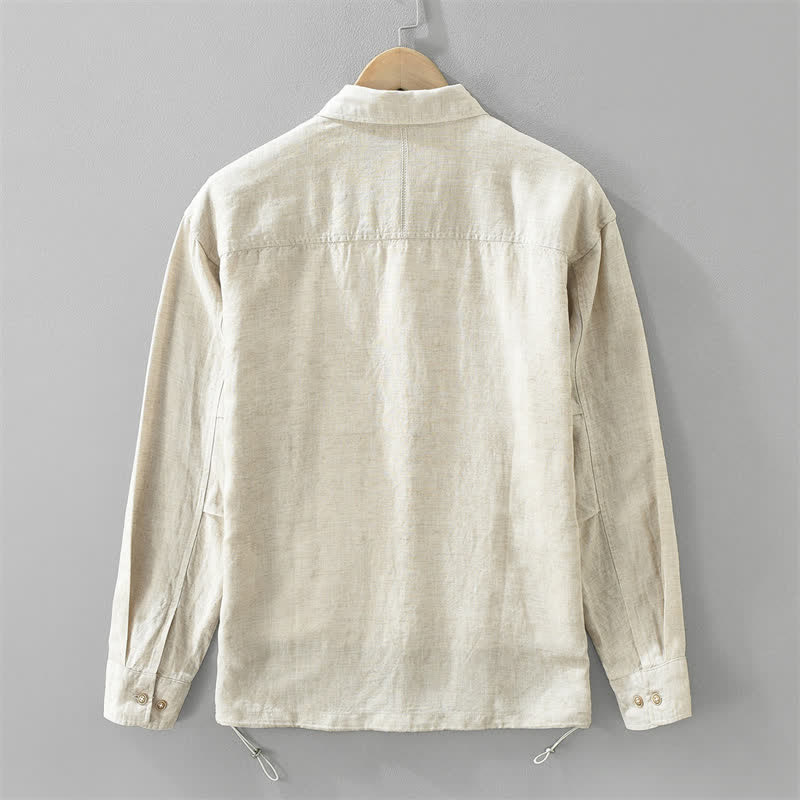 Buddha Stones Spring Casual Minimalist Button-Up Drawstring Solid Men's Long Sleeve Shirts - image 1
