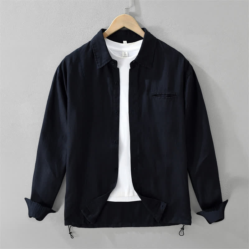 Buddha Stones Spring Casual Minimalist Button-Up Drawstring Solid Men's Long Sleeve Shirts - MidnightBlue - US/UK/AU42，EU52 (3XL) - image 10