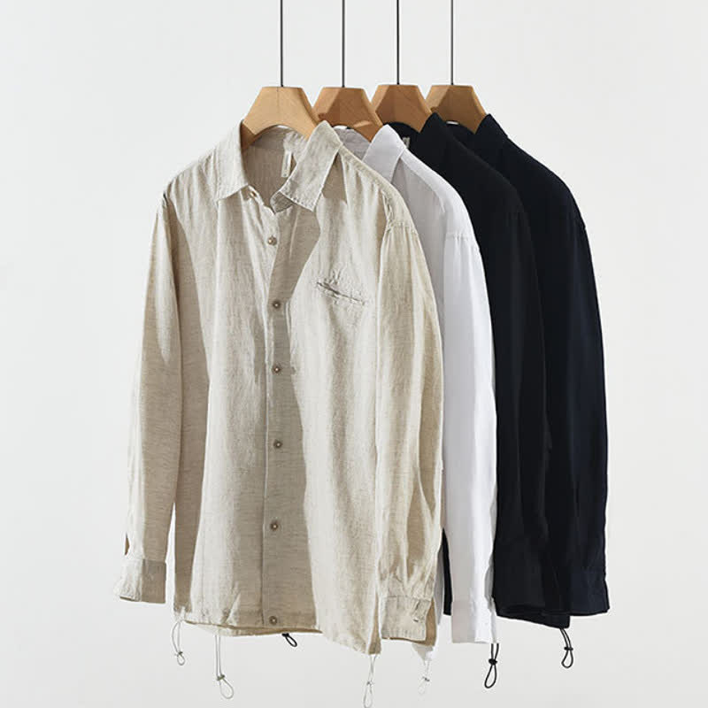 Buddha Stones Spring Casual Minimalist Button-Up Drawstring Solid Men's Long Sleeve Shirts - image 13