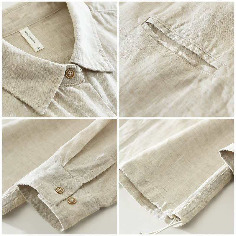 Buddha Stones Spring Casual Minimalist Button-Up Drawstring Solid Men's Long Sleeve Shirts - image 2