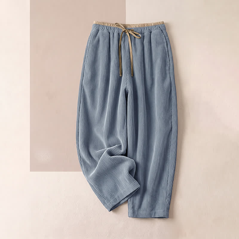 Buddha Stones Casual Solid Color Cotton Linen Drawstring Women's Pants With Pockets - LightBlue - Corduroy · Fleece-Lined - US16，UK/AU20，EU48 (3XL) - image 8