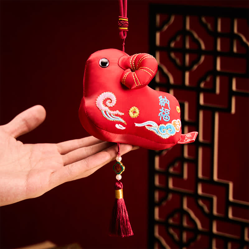 Buddha Stones Lucky Year of the Goat Plush Tassel Hanging Cute Animal Decor - Red - 15cm with Hanging Cord and Tassel - image 0
