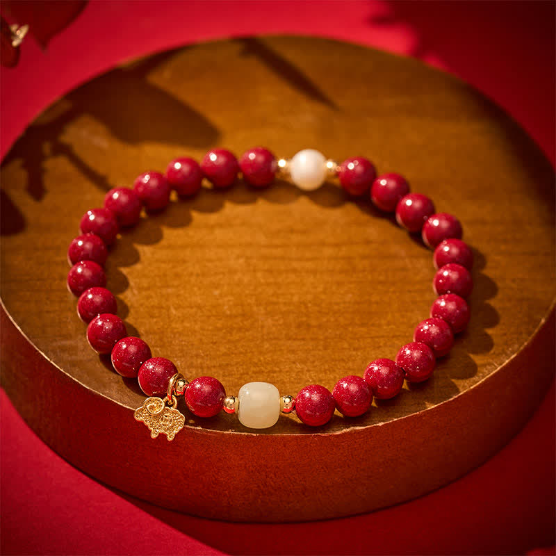 Buddha Stones Cinnabar Pearl Jade Goat Charm Protection Bracelet - image 1