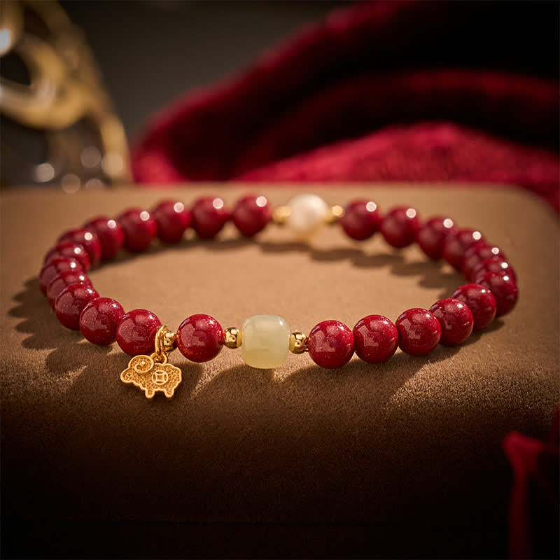 Buddha Stones Cinnabar Pearl Jade Goat Charm Protection Bracelet - Cinnabar(Calm ♥ Concentration) - image 0
