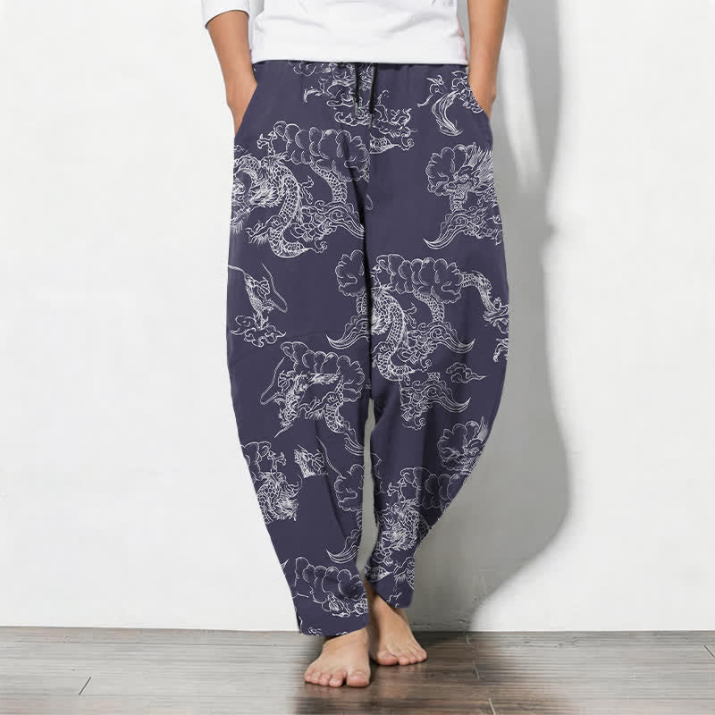 Buddha Stones Pure Cotton Mythic Dragon Vine Pattern Drawstring Men's Tapered Pants With Pockets - DarkSlateBlue - US/UK/AU50，EU60 (5XL) - image 0