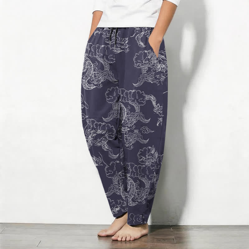 Buddha Stones Pure Cotton Mythic Dragon Vine Pattern Drawstring Men's Tapered Pants With Pockets - image 1