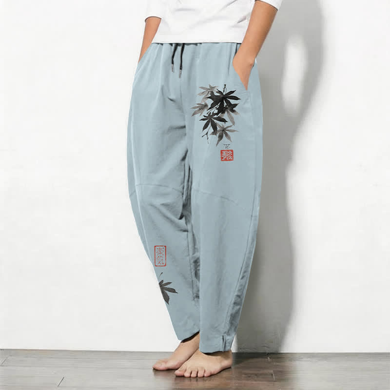 Buddha Stones Pure Cotton Artful Bamboo Motif Pattern Drawstring Men's Tapered Pants With Pockets - image 1