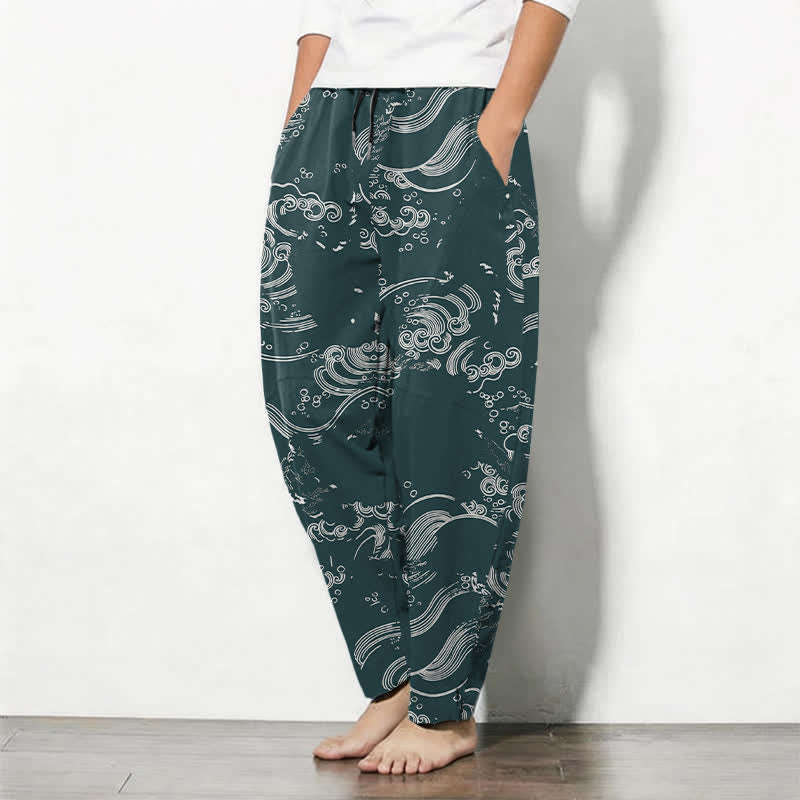 Buddha Stones Pure Cotton Oriental Wave Cloud Pattern Drawstring Men's Tapered Pants With Pockets - image 1