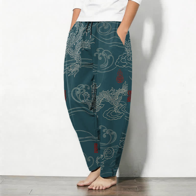 Buddha Stones Pure Cotton Auspicious Cloud Dragon Pattern Drawstring Men's Tapered Pants With Pockets - image 1