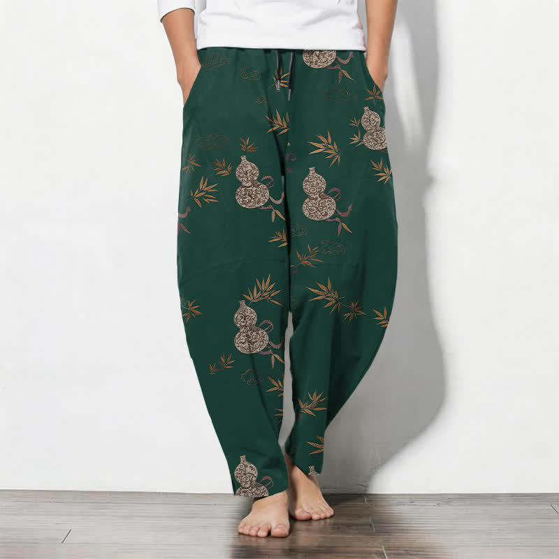 Buddha Stones Pure Cotton Bamboo Leaf Gourd Vine Pattern Drawstring Men's Tapered Pants With Pockets - DarkGreen - US/UK/AU50，EU60 (5XL) - image 0