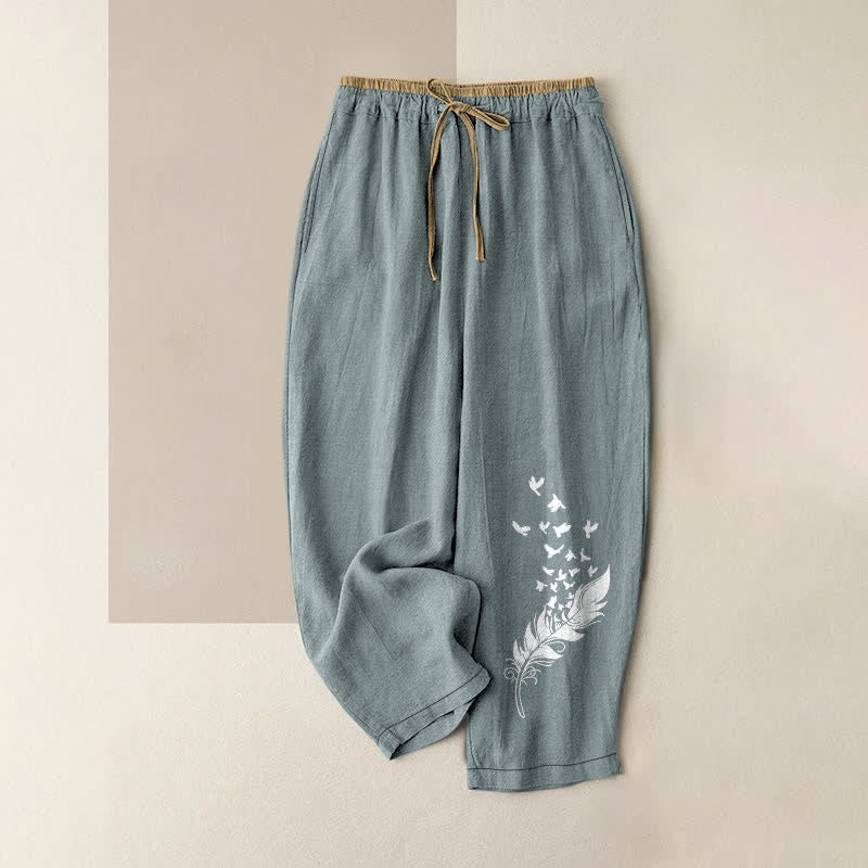 Buddha Stones Pure Cotton Poetic Bird Floral Pattern Women's Elastic Waist Pants With Pockets - LightBlue - US16，UK/AU20，EU48 (3XL) - image 0