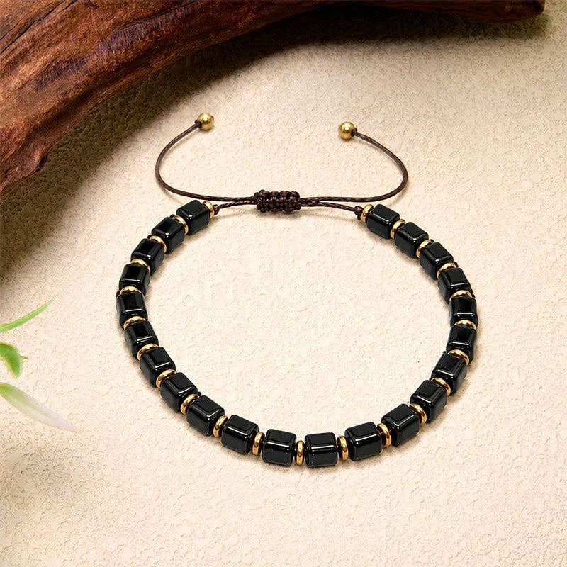Buddha Stones Black Obsidian Protection Square Bead Braided Adjustable Bracelet - image 3