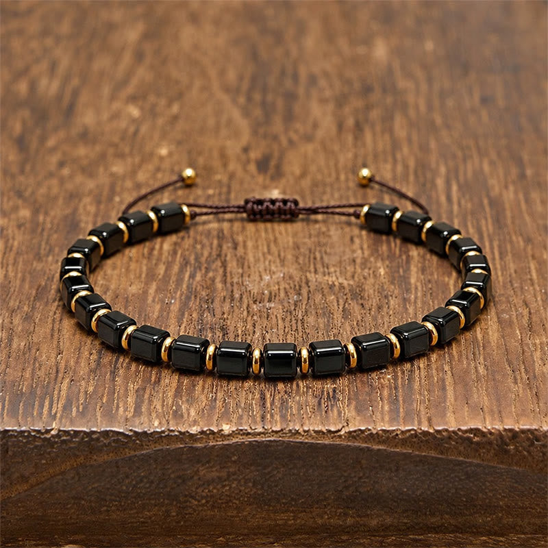 Buddha Stones Black Obsidian Protection Square Bead Braided Adjustable Bracelet - Black Obsidian (Wrist Circumference: 6.3-8.3 in/16-21 cm) - image 0