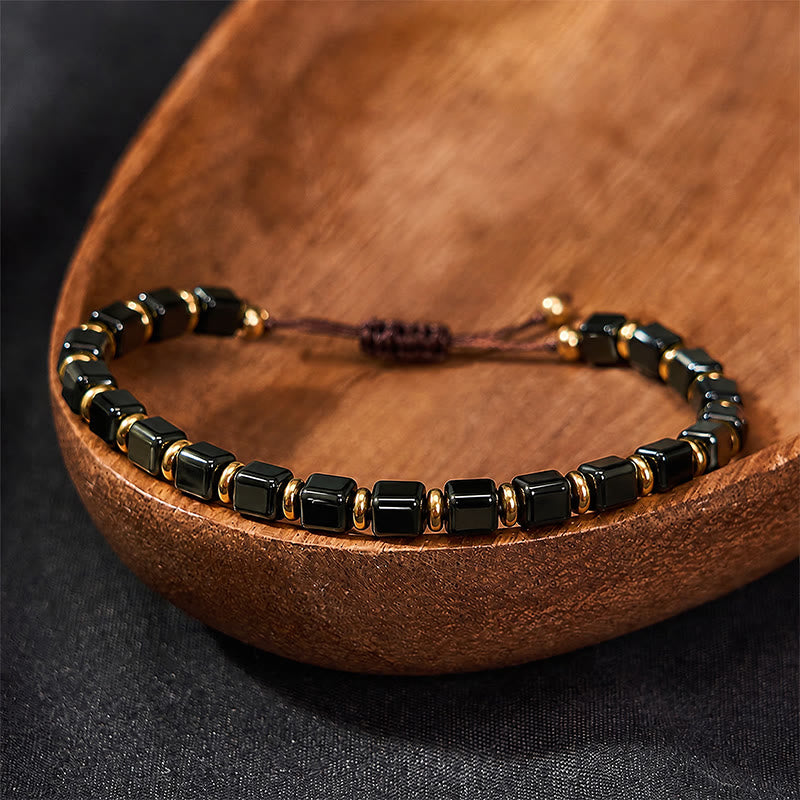 Buddha Stones Black Obsidian Protection Square Bead Braided Adjustable Bracelet - image 1