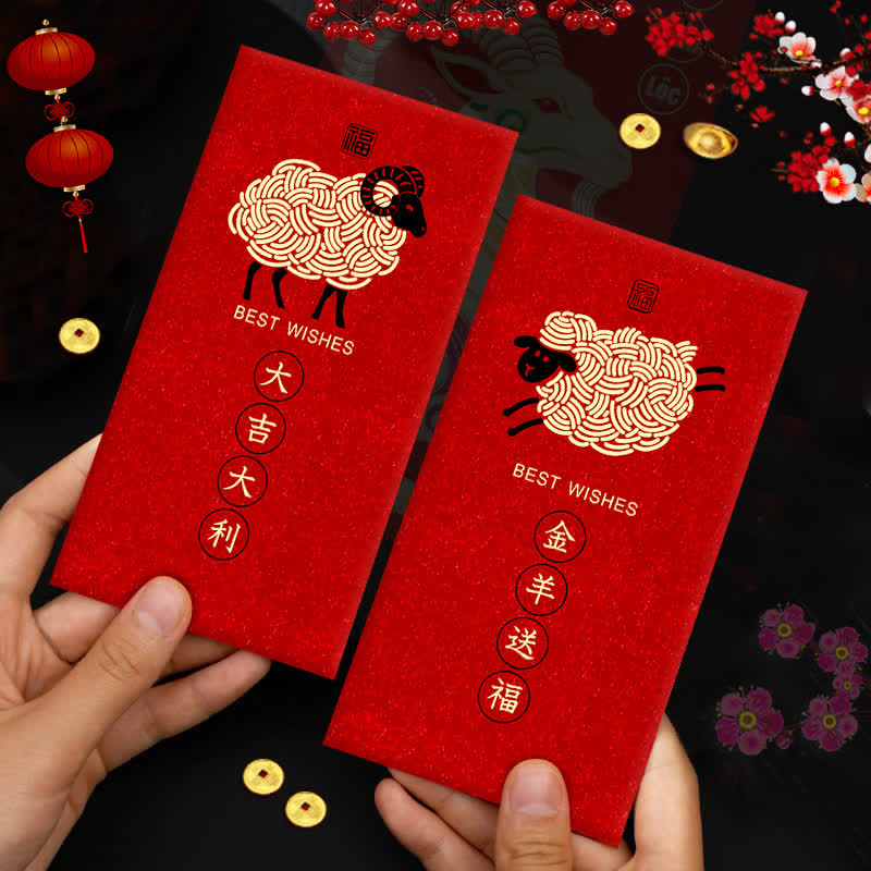 Buddha Stones Year of the Goat 6Pcs Black and Golden Sheep Prosperity Lunar New Year Red Envelope - image 0