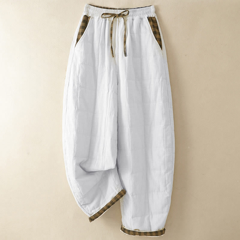 Buddha Stones Winter Casual Minimalist Drawstring Plaid Cropped Pants Women's Harem Pants With Pockets - White - US8-10, UK/AU12-14, EU40-42 (2XL) - image 0