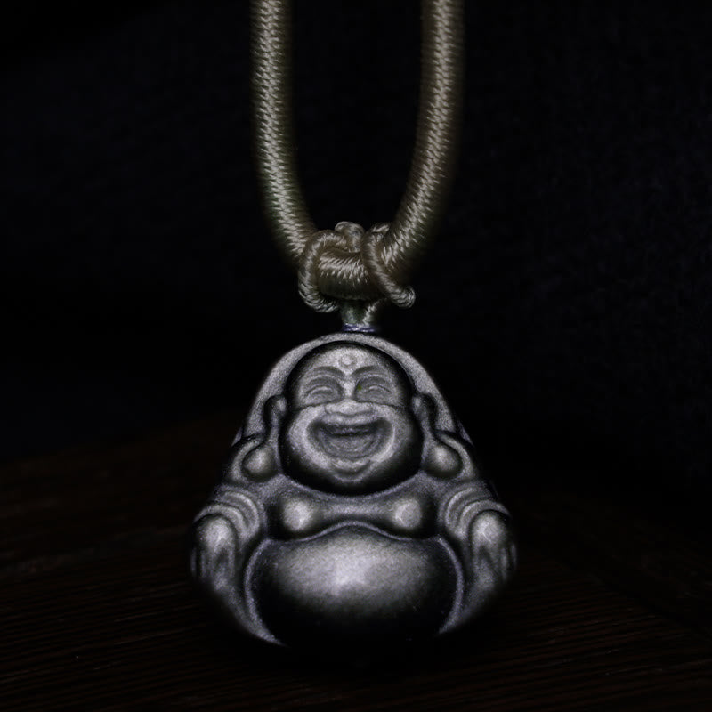 Buddha Stones Natural Silver Sheen Obsidian Laughing Buddha Protection Necklace Pendant - image 3