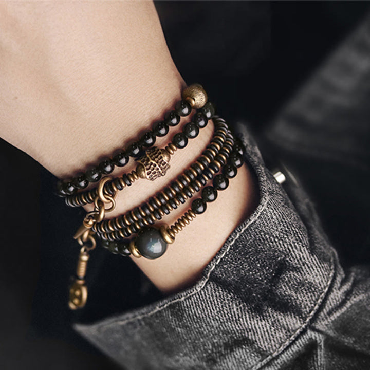 Buddha Stones Rainbow Obsidian Ebony Wood Copper Positive Multilayer Bracelet - image 11