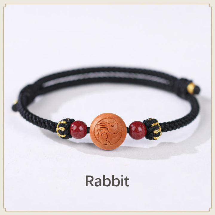 Buddha Stones Natural Peach Wood Chinese Zodiac Fu Character Carved Cinnabar Wealth Bracelet - Rabbit-Black(Wrist Circumference 14-22cm) - image 15