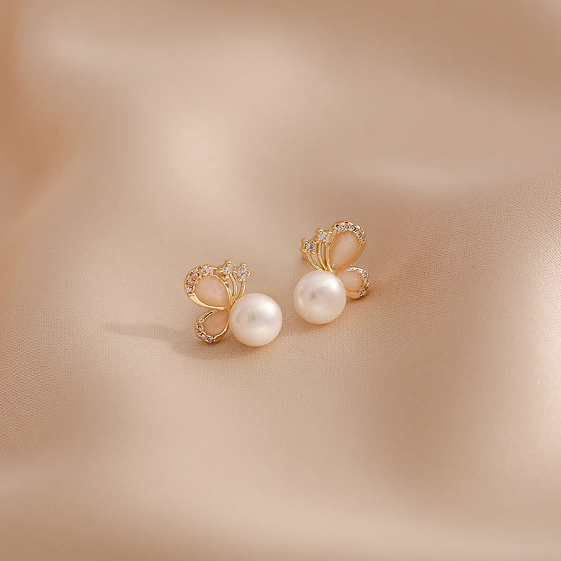 Buddha Stones 18k Gold Plated Pearl Butterfly Love Freedom Stud Earrings - image 1