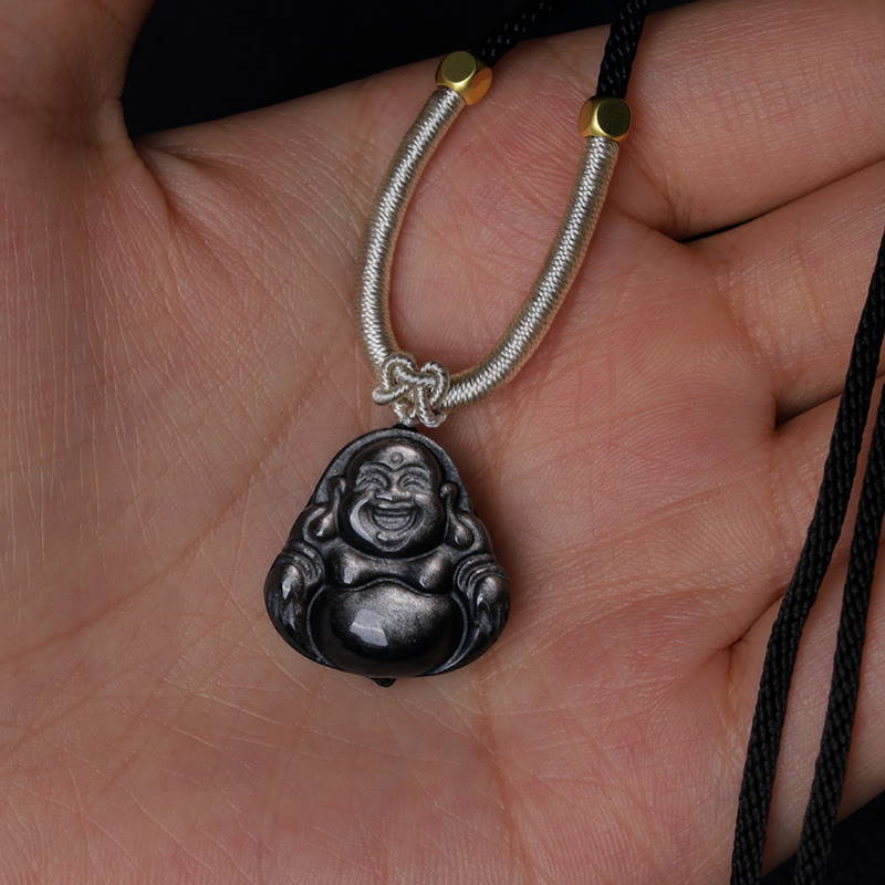 Buddha Stones Natural Silver Sheen Obsidian Laughing Buddha Protection Necklace Pendant - image 7