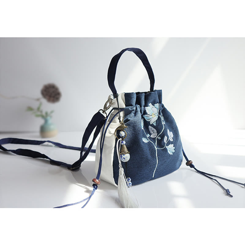 Buddha Stones Handmade Embroidered Flowers Canvas Tote Shoulder Bag Handbag - image 21