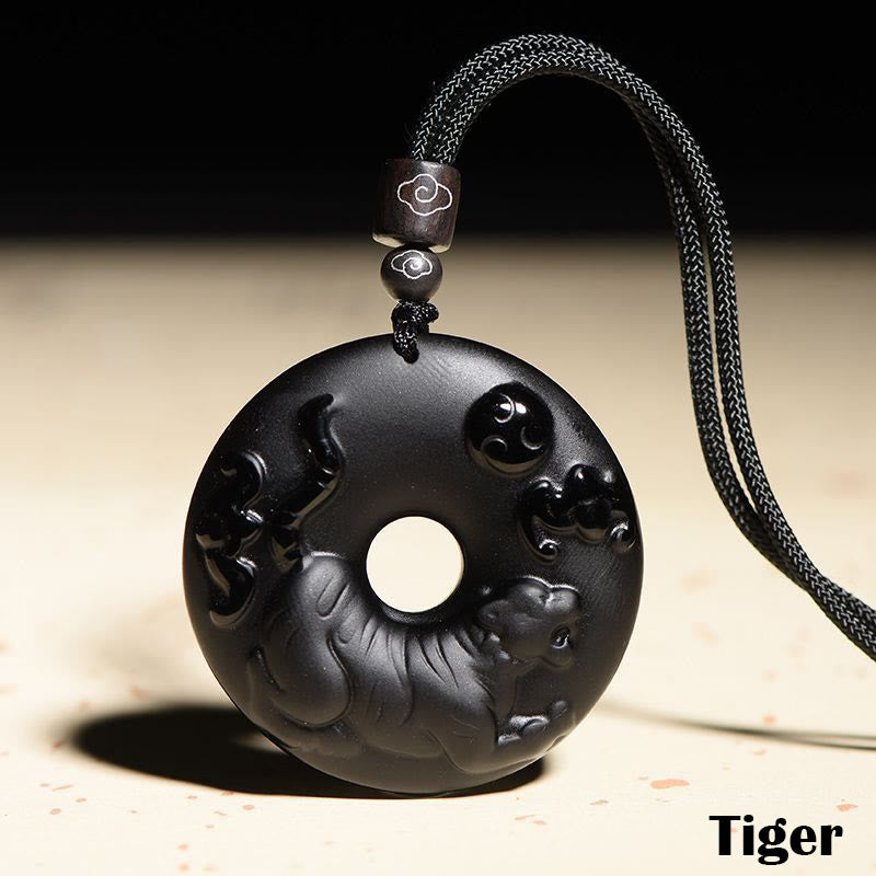 Buddha Stones Chinese Zodiac Natural Black Obsidian Peace Buckle Strength Necklace Pendant - Tiger - image 14