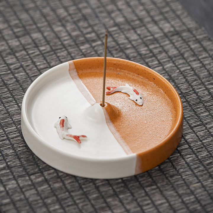 Buddha Stones Koi Fish Pattern Spiritual Healing Ceramic Incense Stick Burner Decoration - White Orange Koi Fish - image 9