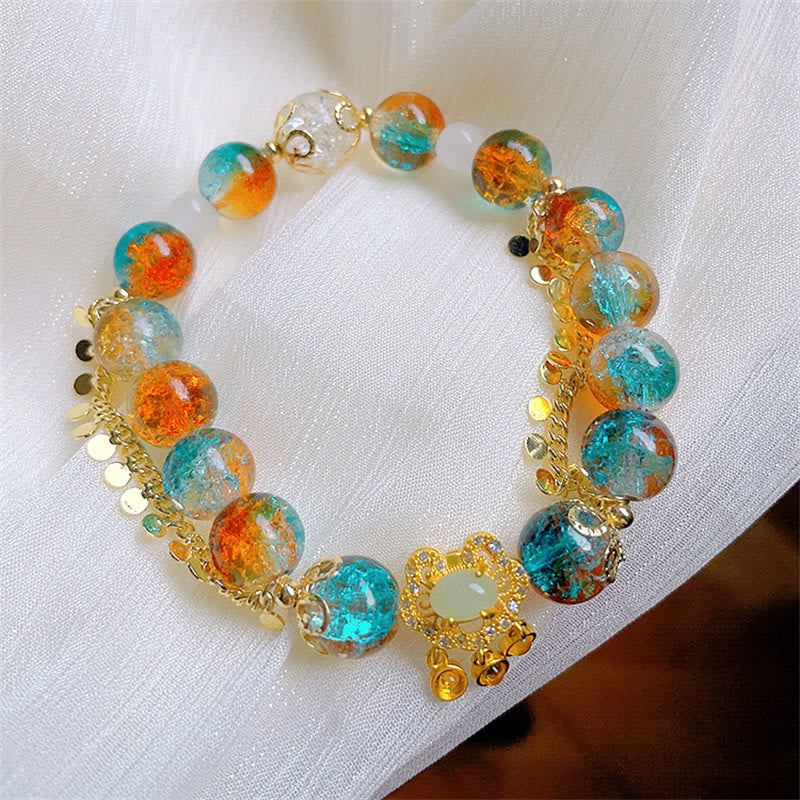 Buddha Stones Colorful Liuli Glass Bead Chinese Lock Charm Fortune Bracelet - image 2