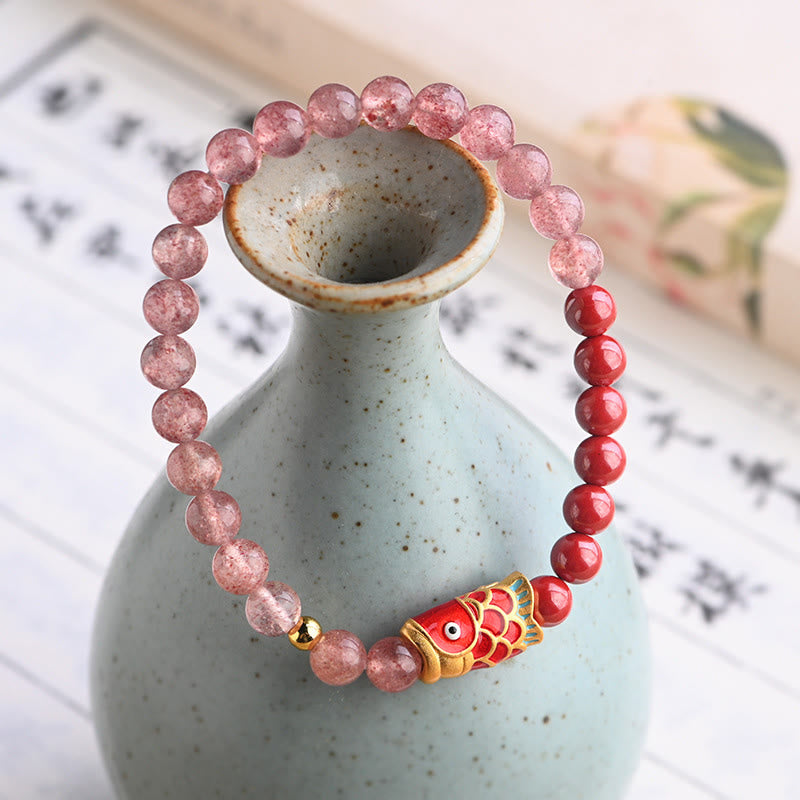 Buddha Stones Natural Strawberry Quartz Cinnabar Lucky Koi Fish Healing Bracelet - image 1