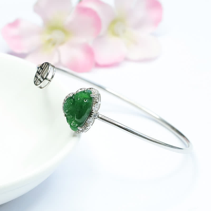 Buddha Stones 925 Sterling Silver Laughing Buddha Jade Luck Bracelet Bangle - image 3