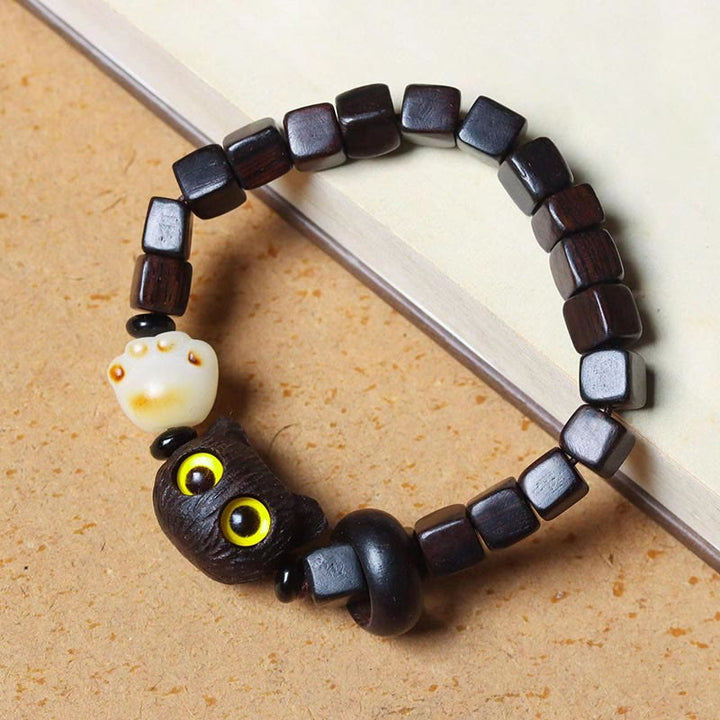 Buddha Stones Ebony Wood Cute Cat Bodhi Seed Paw Claw Square Beads Calm Bracelet - Ebony Wood(Balance♥Calm)(Wrist Circumference 14-16cm) - image 0