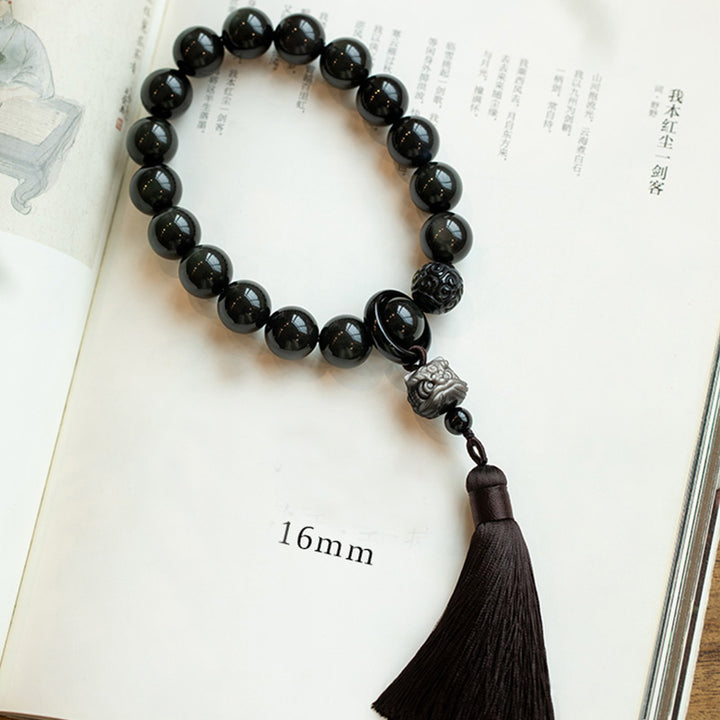 Buddha Stones Natural Silver Sheen Obsidian Black Obsidian Lion Wrist Mala Protection Tassels Pocket Mala Car Decoration - image 13
