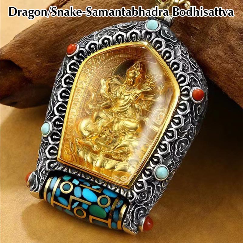 Buddha Stones Tibet Chinese Zodiac Natal Buddha Thangka Prosperity Rotatable Dzi Bead Necklace Pendant - Dragon/Snake-Samantabhadra Bodhisattva - image 6
