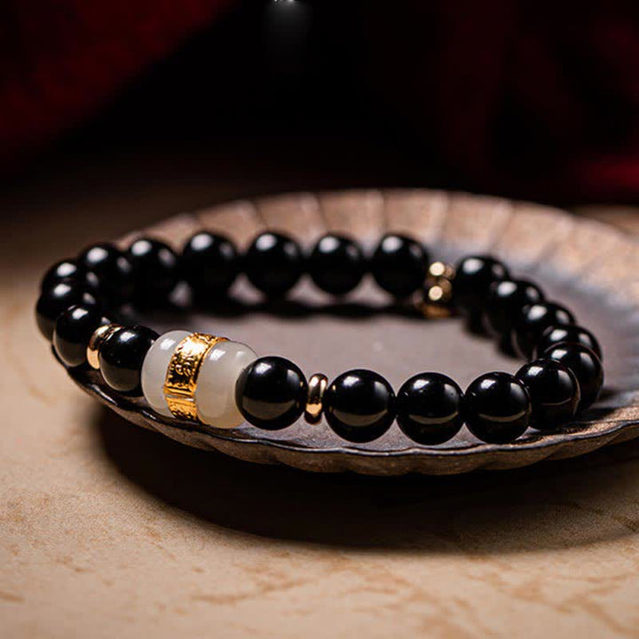 Buddha Stones Black Obsidian Jade Om Mani Padme Hum Strength Couple Magnetic Bracelet - 10mm - image 0