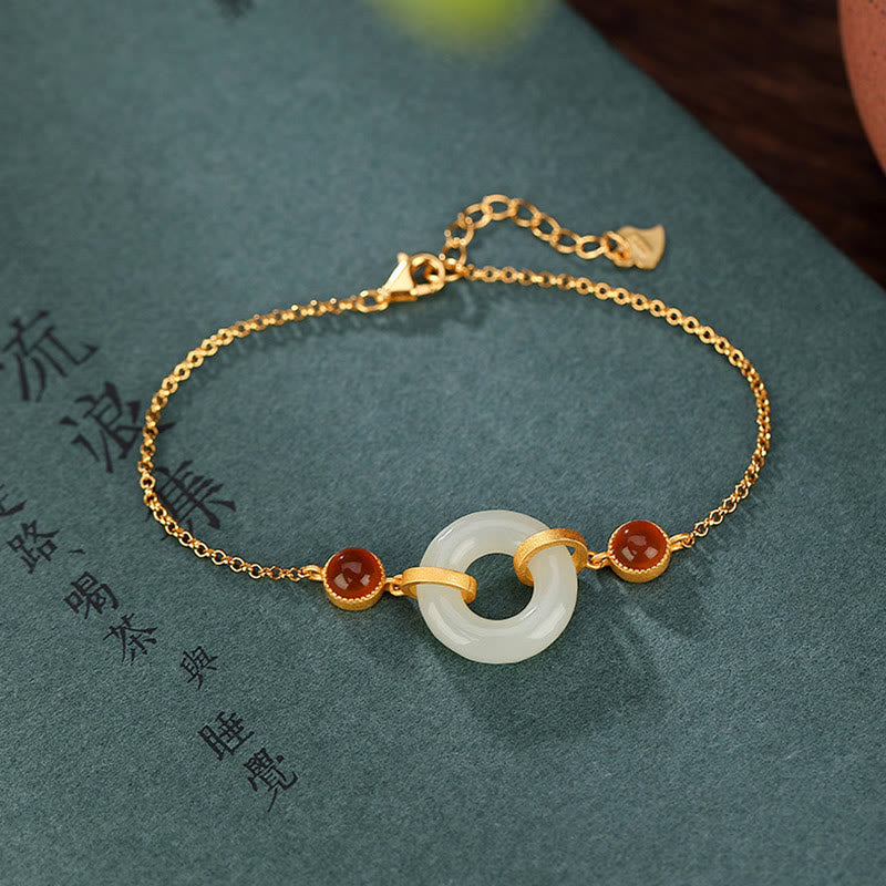 Buddha Stones 925 Sterling Silver Plated Gold Natural Hetian Jade Peace Buckle Red Agate Luck Bracelet - Hetian Jade(Prosperity♥Abundance)(Bracelet Size 16+3cm) - image 0