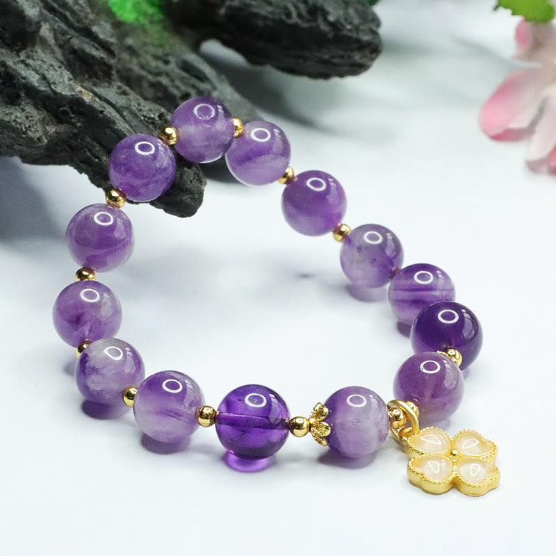 Buddha Stones Natural Amethyst Crystal Inner Peace Four Leaf Clover Charm Bracelet - image 4