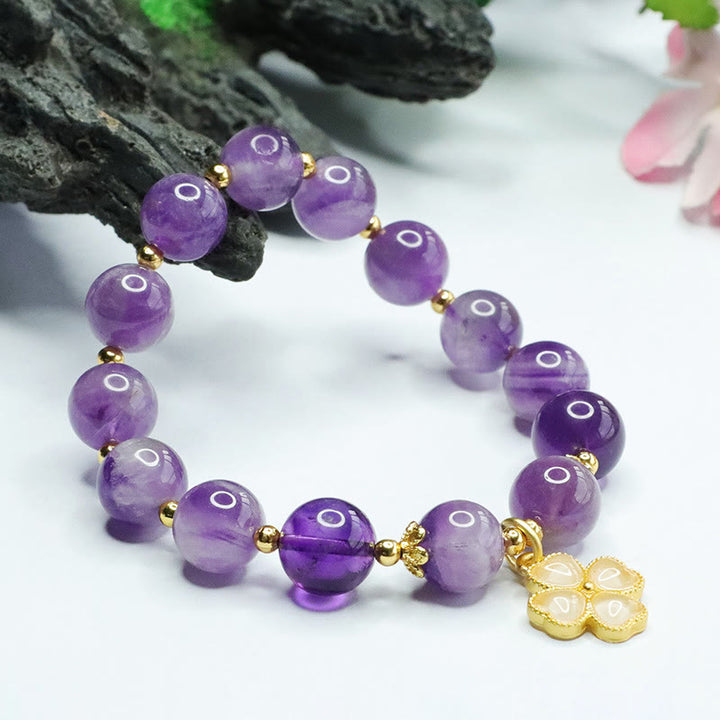 Buddha Stones Natural Amethyst Crystal Inner Peace Four Leaf Clover Charm Bracelet - image 4