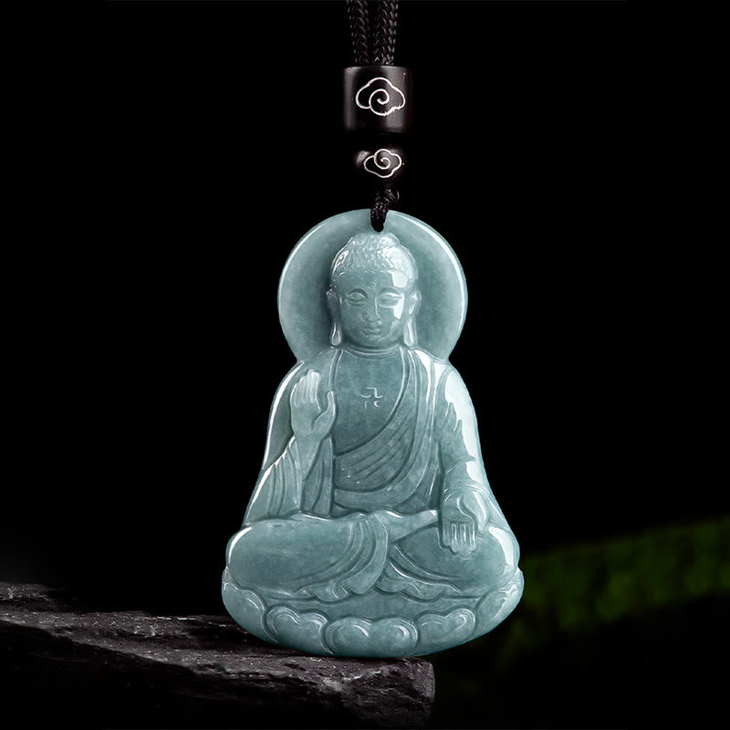 Buddha Stones Amitabha Buddha Natural Jade Lotus Amulet Compassion String Necklace Pendant - image 6