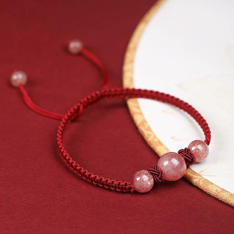 Buddha Stones Natural Strawberry Quartz Crystal Love Red String Weave Bracelet Anklet - image 3