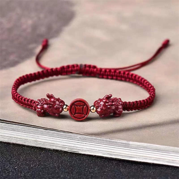 Buddha Stones Cinnabar PiXiu Blessing Copper Coin Peace Buckle Red String Bracelet - Copper Coin(Bracelet Size 13-23cm) - Adult - image 0