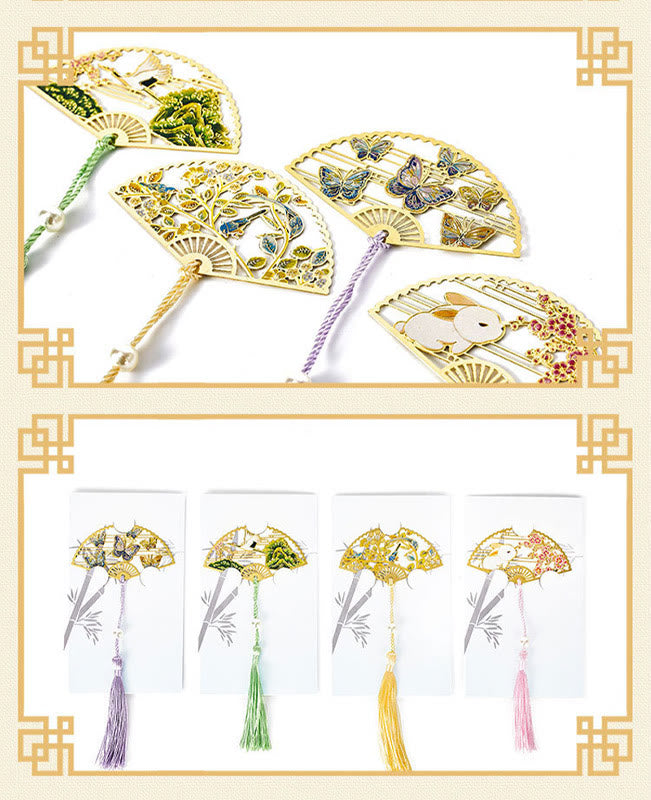 Buddha Stones Traditional Butterfly Lotus Flower Crane Dragon Phoenix Fox Koi Fish New Beginning Metal Brass Hollow Fan Bookmarks - image 24